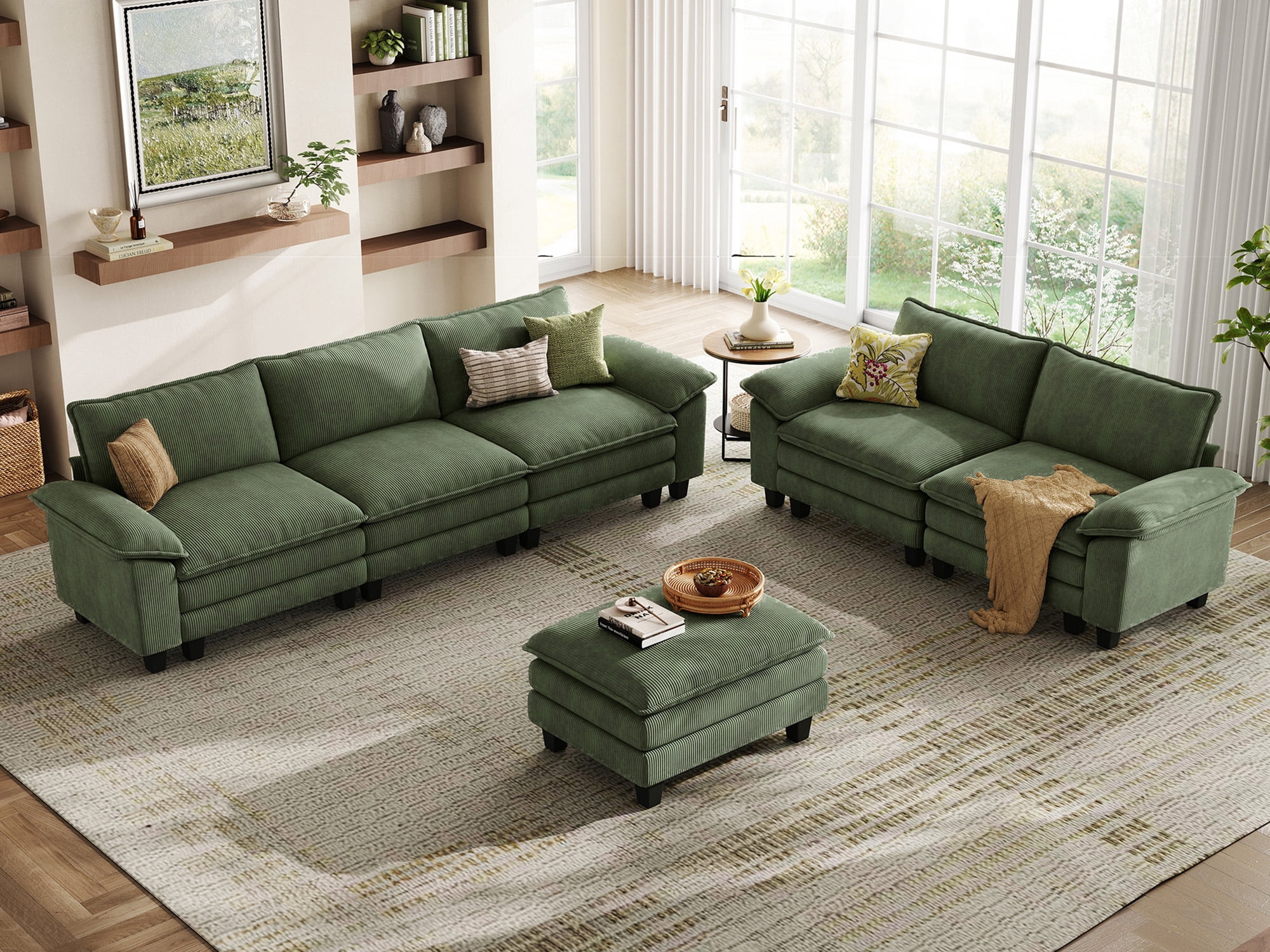 Linsy Home Oversized 3-Piece Sofa Set for Living Room, Comfy Corduroy Living Room Furniture Set Include Sectional Couch, Loveseat and Movable Ottoman, Green