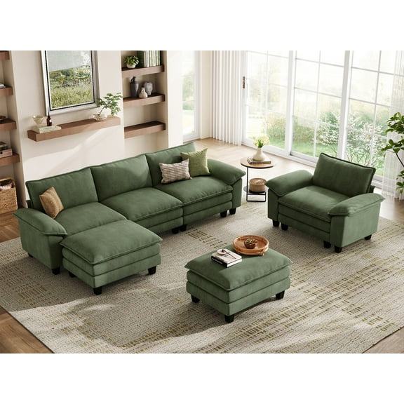 Linsy Home Oversized 4-Piece Sofa Set for Living Room, Comfy Corduroy Living Room Furniture Set Include Sectional Couch, Accent Chair and 2 Movable Ottomans, Green