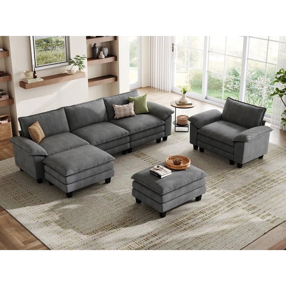 Linsy Home Sofa Set for Living Room, Corduroy Living Room Furniture Set, Living Room Furniture Sets, Accent Chair and 2 Movable Ottomans, Grey