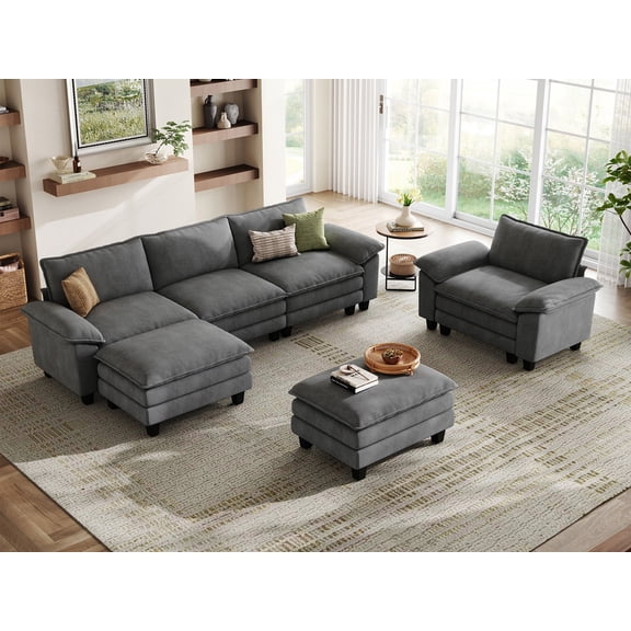 Linsy Home Sofa Set for Living Room, Corduroy Living Room Furniture Set, Living Room Furniture Sets, Accent Chair and 2 Movable Ottomans, Grey