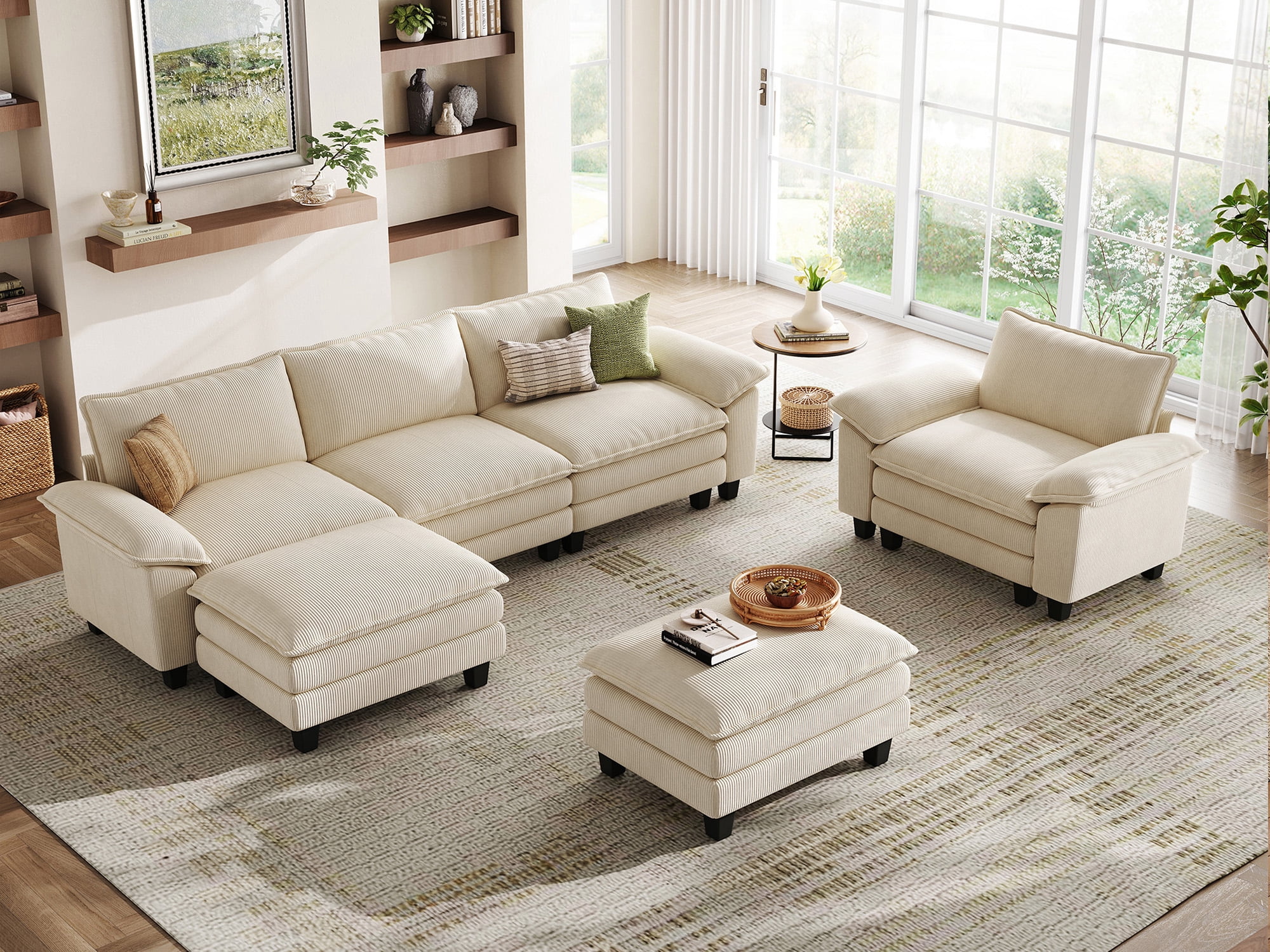 Linsy Home Oversized 4-Piece Sofa Set for Living Room, Comfy Corduroy Living Room Furniture Set Include Sectional Couch, Accent Chair and 2 Movable Ottomans, Beige