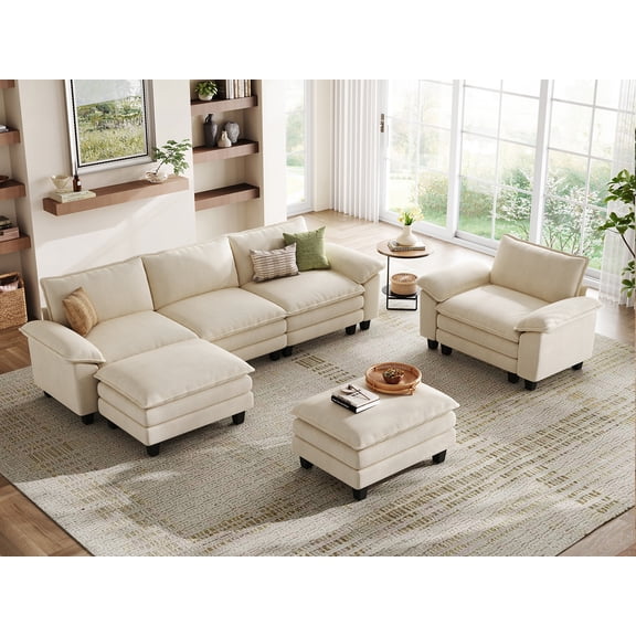 Linsy Home Oversized 4-Piece Sofa Set for Living Room, Comfy Corduroy Living Room Furniture Set Include Sectional Couch, Accent Chair and 2 Movable Ottomans, Beige