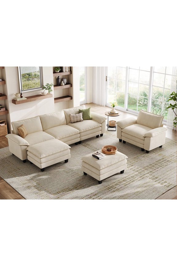 Oversized 4-Piece Sofa Set for Living Room, Comfy Corduroy Living Room Furniture Set Include Sectional Couch, Accent Chair and 2 Movable Ottomans, Beige
