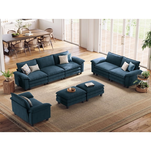 Linsy Home Oversized 5-Piece Sofa Set for Living Room, Comfy Corduroy Living Room Furniture Set Include Sectional Couch, Loveseat, Accent Chair and 2 Movable Ottomans, Blue