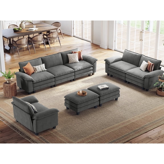 Linsy Home Oversized 5-Piece Sofa Set for Living Room, Comfy Corduroy Living Room Furniture Set Include Sectional Couch, Loveseat, Accent Chair and 2 Movable Ottomans, Grey