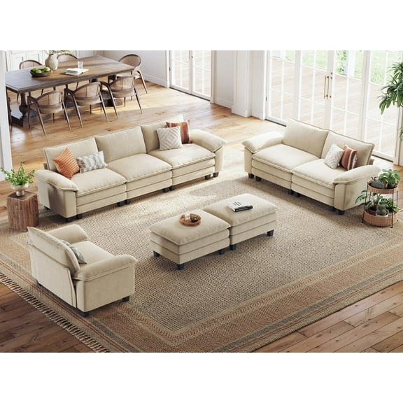 Linsy Home Oversized 5-Piece Sofa Set for Living Room, Comfy Corduroy Living Room Furniture Set Include Sectional Couch, Loveseat, Accent Chair and 2 Movable Ottomans, Beige