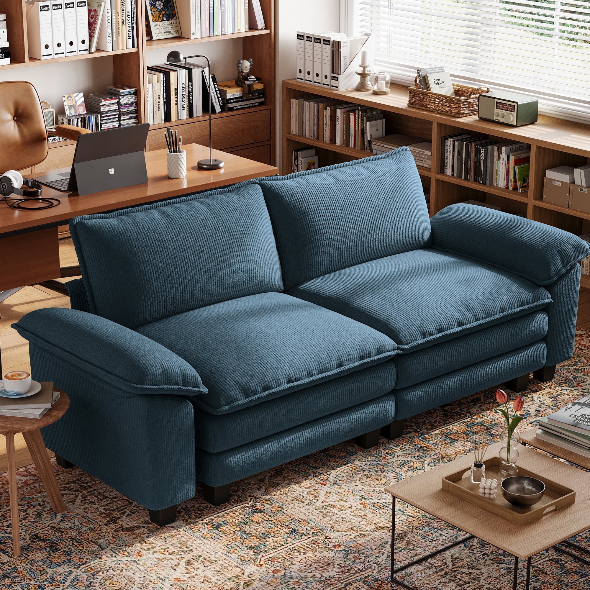 Linsy Home Oversized Corduroy 90" W Loveseat Sofa Couch for Living Room, Bedroom, Apartment and Office, Blue