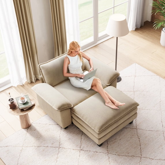 Linsy Home Oversized Corduroy Accent Armchair with Ottoman for Bedroom Living Reading Room Office, Beige