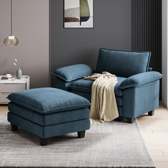 Linsy Home Oversized Corduroy Accent Armchair with Ottoman for Bedroom Living Reading Room Office, Blue