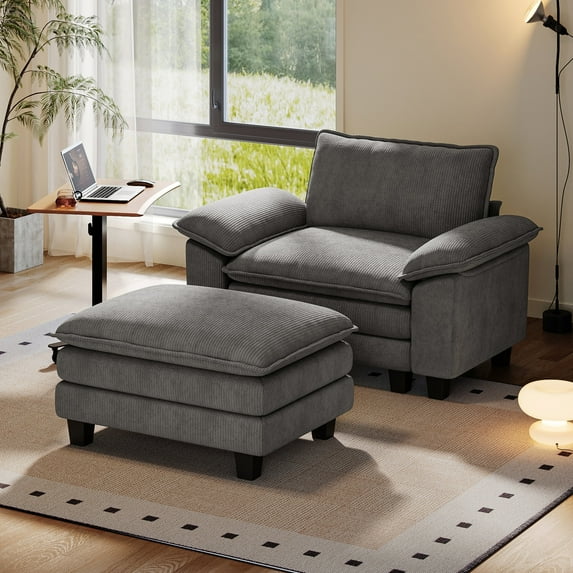 Linsy Home Oversized Corduroy Accent Chair with Ottoman for Living Room, Grey