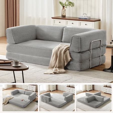 LINSY HOME Oversized Corduroy Futon Sofa Bed, King Size Sleeper Sofa Bed for Living Room, Grey