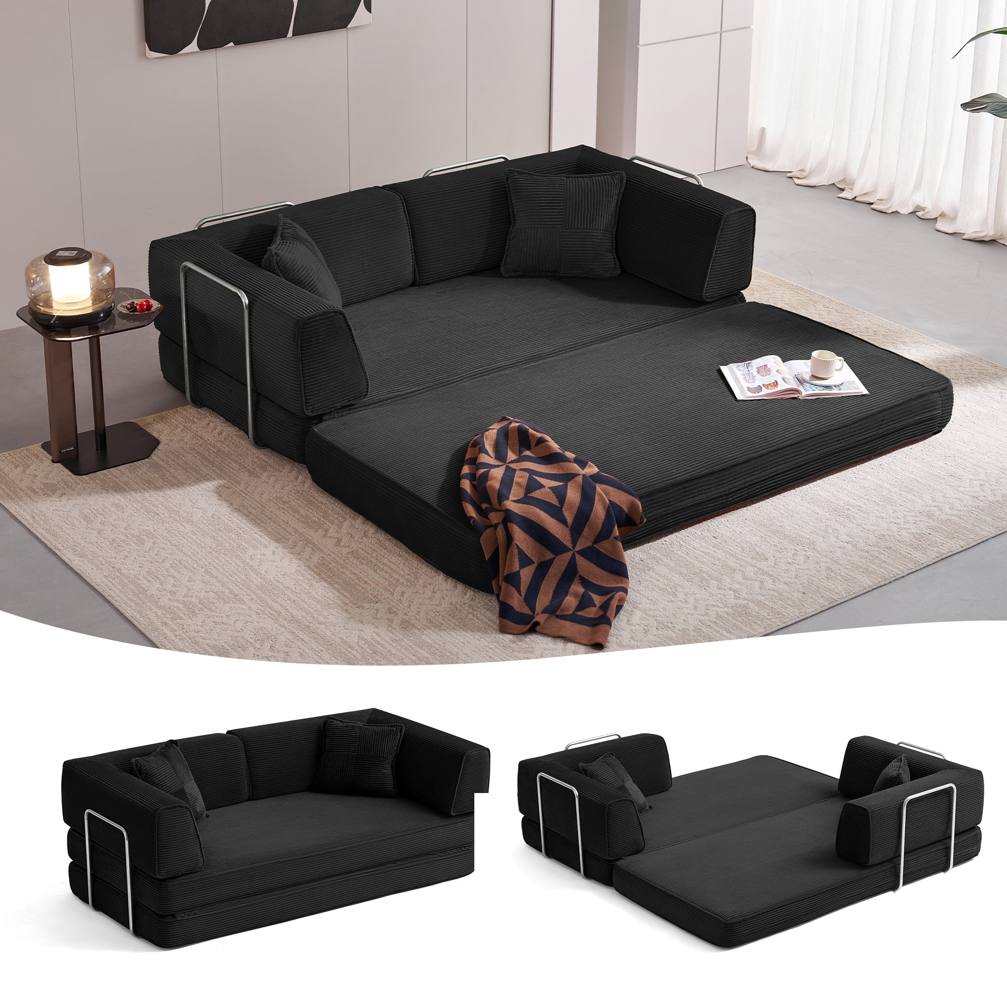Linsy Home Oversized Corduroy Futon Sofa Bed Couch, Convertible Boneless Cloud Couch Bed, King Size Sleeper Sofa Bed With Fixed-Shape Frame, No Assembly Required, Black
