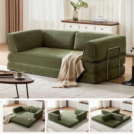 Linsy Home Corduroy Futon Sofa Bed Couch, Convertible Boneless Cloud Couch Bed, King Size Sleeper Sofa Bed, Green
