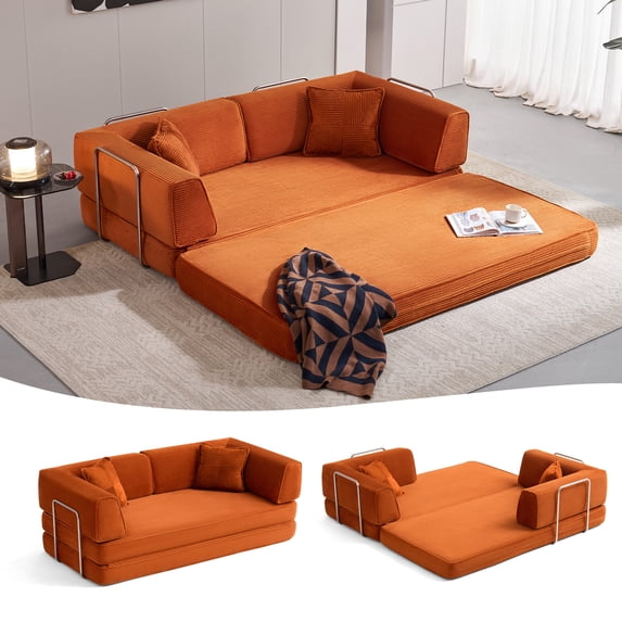 Linsy Home Oversized Corduroy Futon Sofa Bed Couch, Convertible Boneless Cloud Couch Bed, King Size Sleeper Sofa Bed With Fixed-Shape Frame, No Assembly Required, Orange