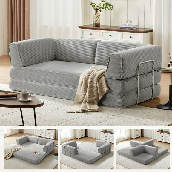 Linsy Home Oversized Corduroy Futon Sofa Bed Couch, Convertible Boneless Cloud Couch Bed, King Size Sleeper Sofa Bed With Fixed-Shape Frame, No Assembly Required, Grey
