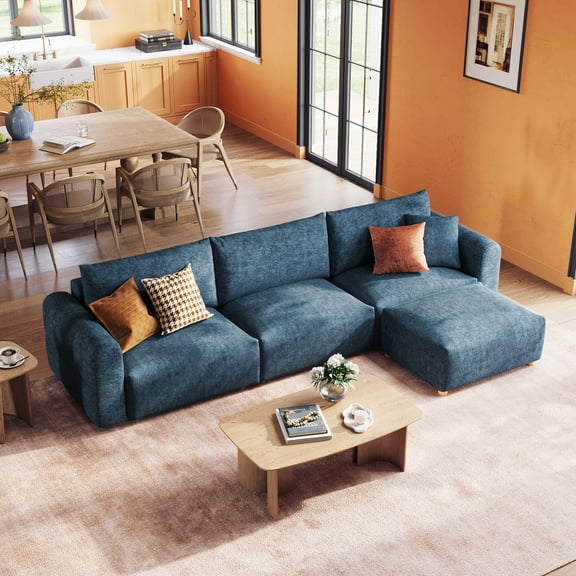 Linsy Home Oversized Modular Cloud Sectional Sofa, 128" 3 Seat L-Shaped Couches and Sofas with Movable Ottoman, Blue