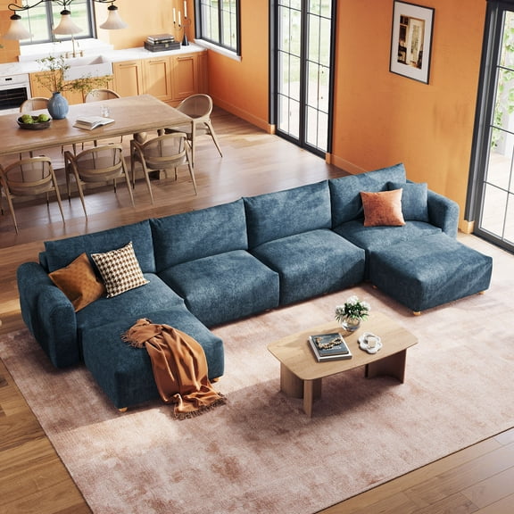 Linsy Home Oversized Modular Cloud Sectional Sofa, 165" 4 Seat U-Shaped Couches and Sofas with 2 Movable Ottomans, Blue