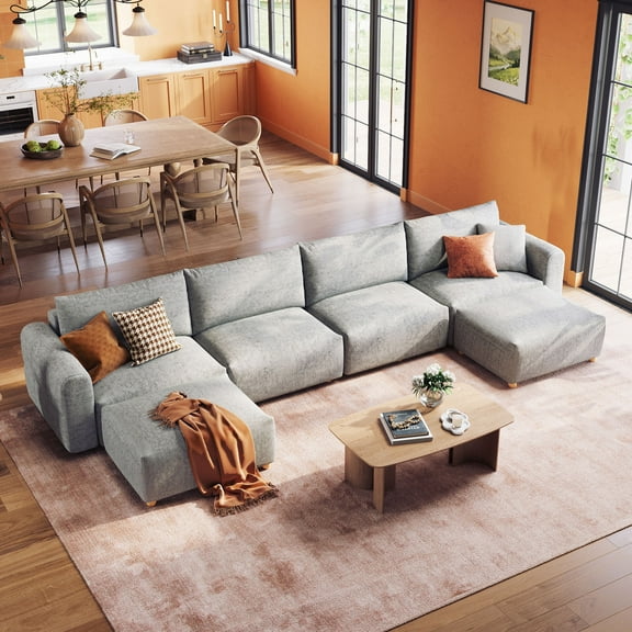 Linsy Home Oversized Modular Cloud Sectional Sofa, 165" 4 Seat U-Shaped Couches and Sofas with 2 Movable Ottomans, Grey