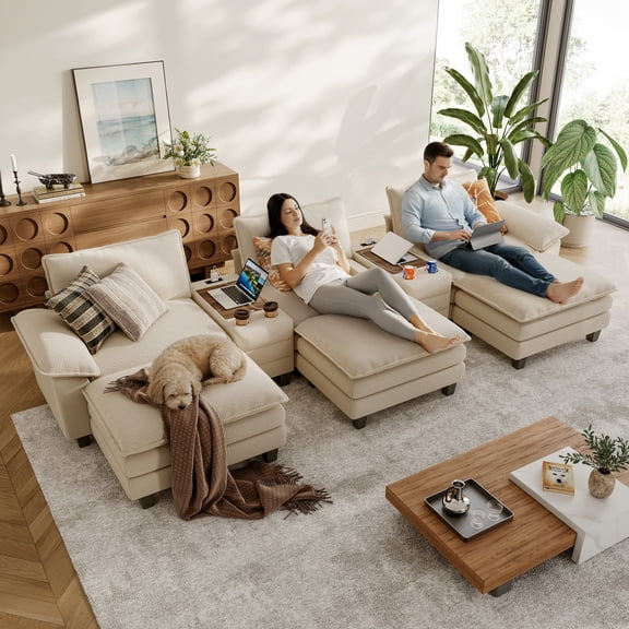 Linsy Home Oversized Modular Cloud Sectional Sofa with 3 Ottomans, 6 Seat Couches and Sofas Sectional with Versatile Console, Beige