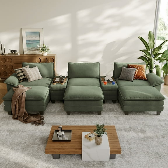 Linsy Home Oversized Modular Cloud Sectional Sofa with 3 Ottomans, 6 Seat Couches and Sofas Sectional with Versatile Console, Green