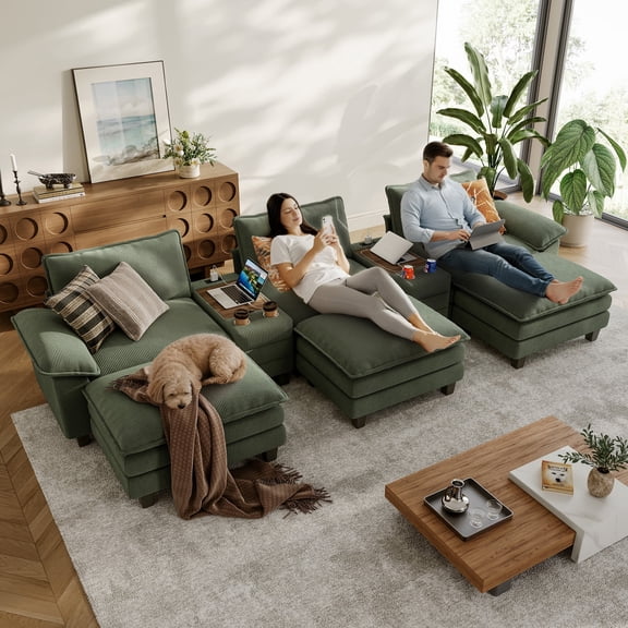 Linsy Home Oversized Modular Cloud Sectional Sofa with 3 Ottomans, 6 Seat Couches and Sofas Sectional with Versatile Console, Green
