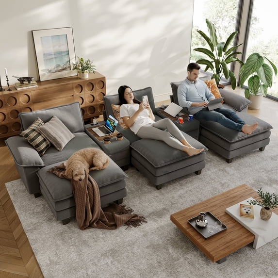 Linsy Home Oversized Modular Cloud Sectional Sofa with 3 Ottomans, 6 Seat Couches and Sofas Sectional with Versatile Console, Grey