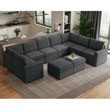 Linsy Home Oversized Modular Couch, Sectional Sofa with Storage Ottomans, Couch with Reversible Chaises, Dark Gray