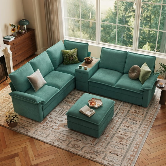 Linsy Home Modular Sectional Cloud Sofa, 5 Seat Couches and Sofas with Versatile Consoles & Ottoman, Green