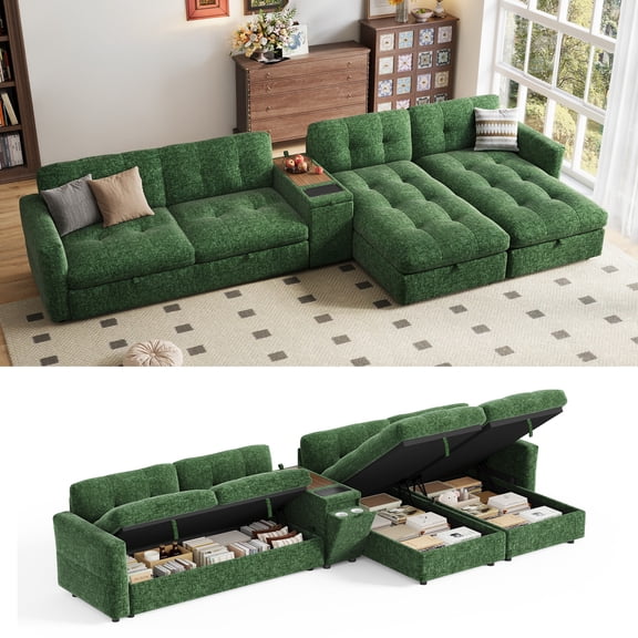Linsy Home Oversized Modular Sectional Sofa with Storage, 152" 6 Seat U-Shaped Couches and Sofas Sectional with Versatile Console&Adjustable Armrest, Green
