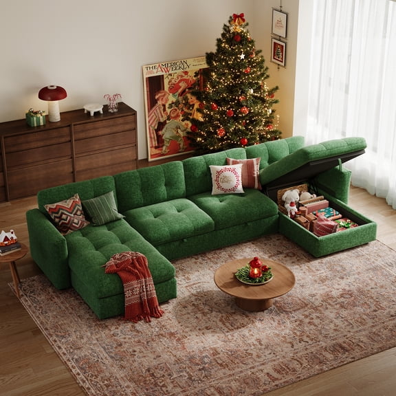 Linsy Home Oversized Modular Sectional Sofa with Storage, 152" 6 Seat U-Shaped Couches and Sofas Sectional with Adjustable Armrest, Green
