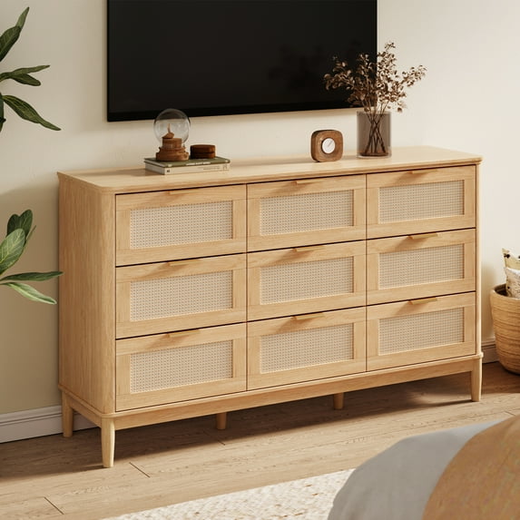Linsy Home Oversized Rattan Dressers for Bedroom, Wide Chest of 9 Drawers, Oak