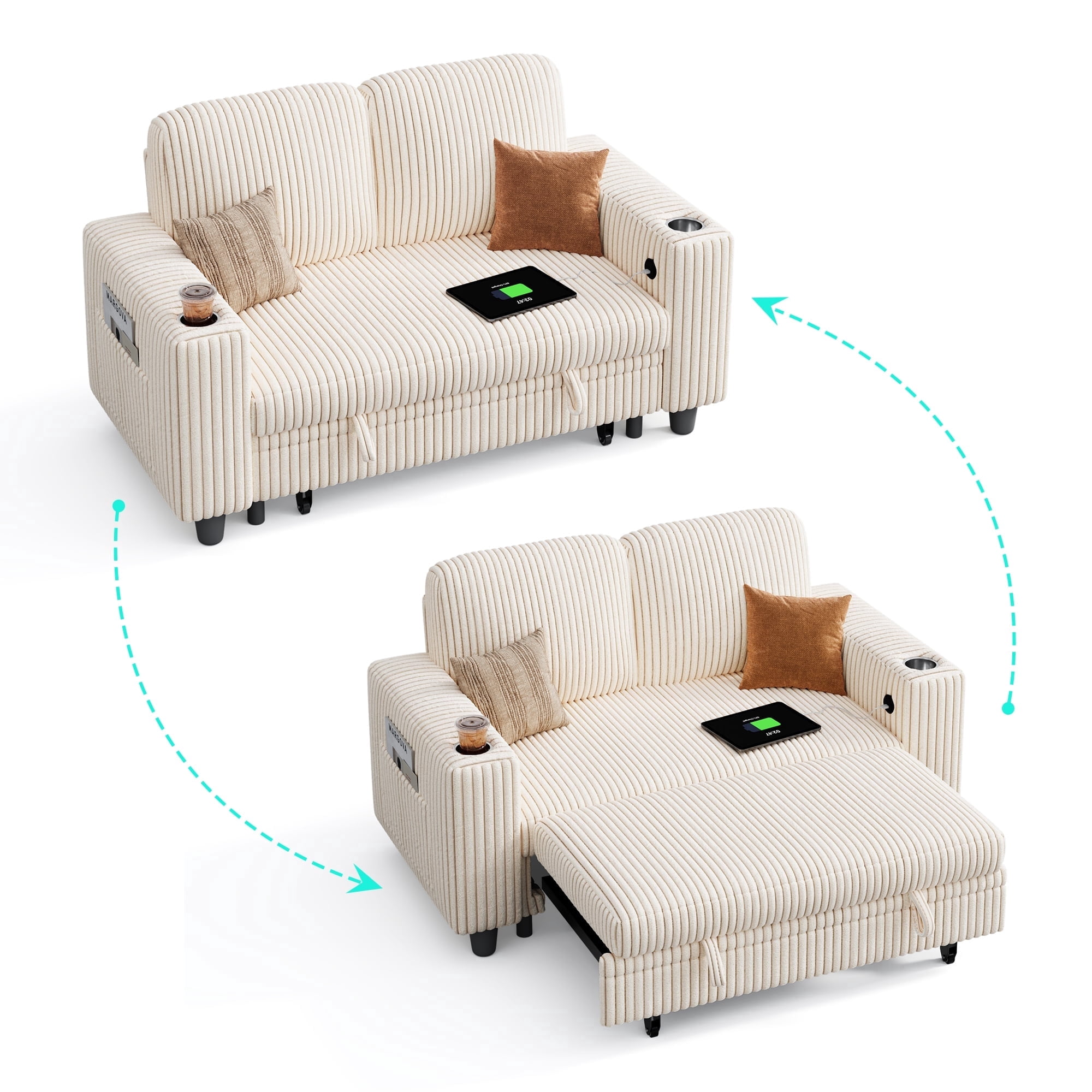 LINSY HOME Pull Out Couch Chaise Lounge for Living Room, Convertible Loveseat Sofa Couch With Usb & Cup Holder, Beige