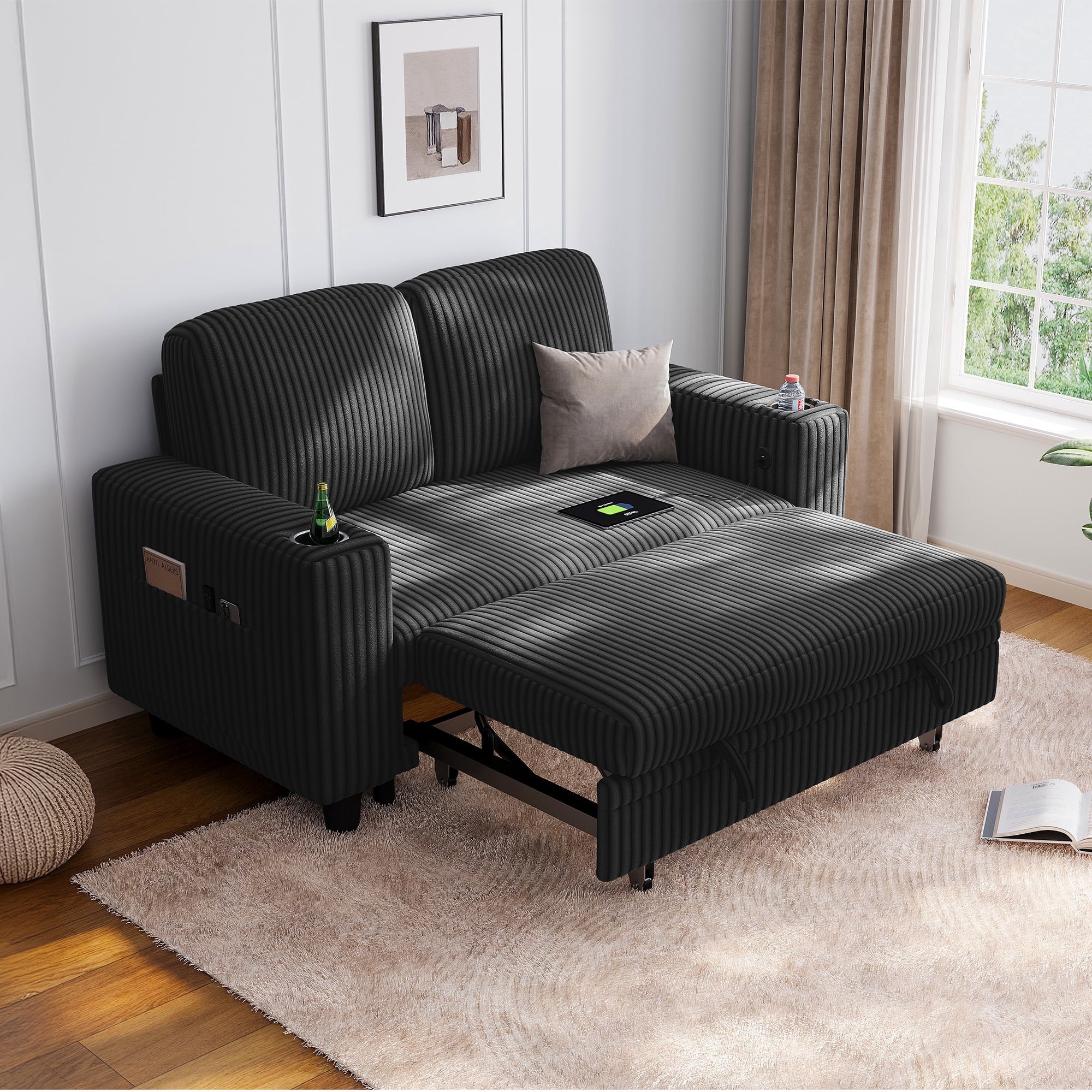 LINSY HOME Pull Out Couch Chaise Lounge for Living Room, Convertible Loveseat Sofa Couch With Usb & Cup Holder, Black