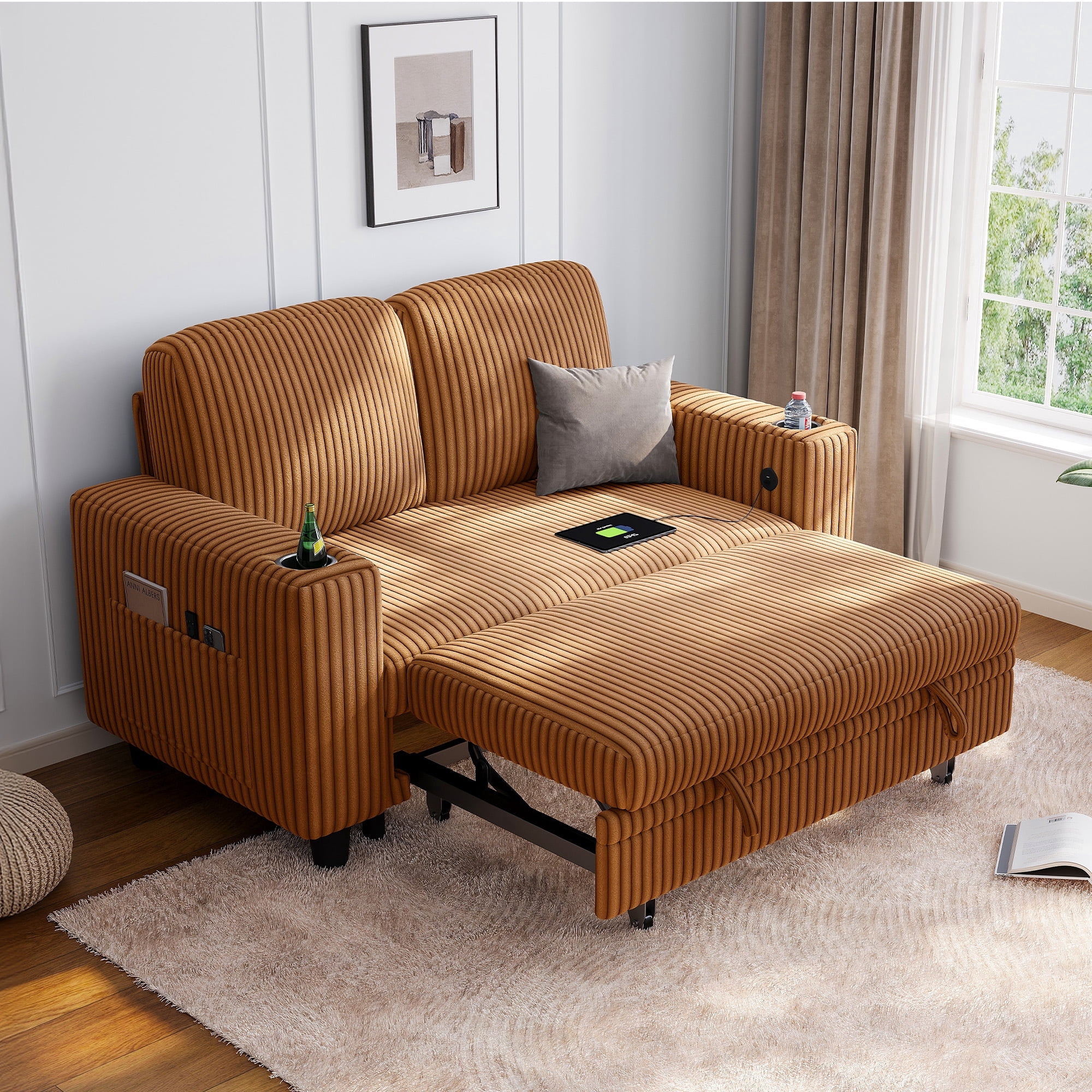 LINSY HOME Pull Out Couch Chaise Lounge for Living Room, Convertible Loveseat Sofa Couch With Usb & Cup Holder, Brown