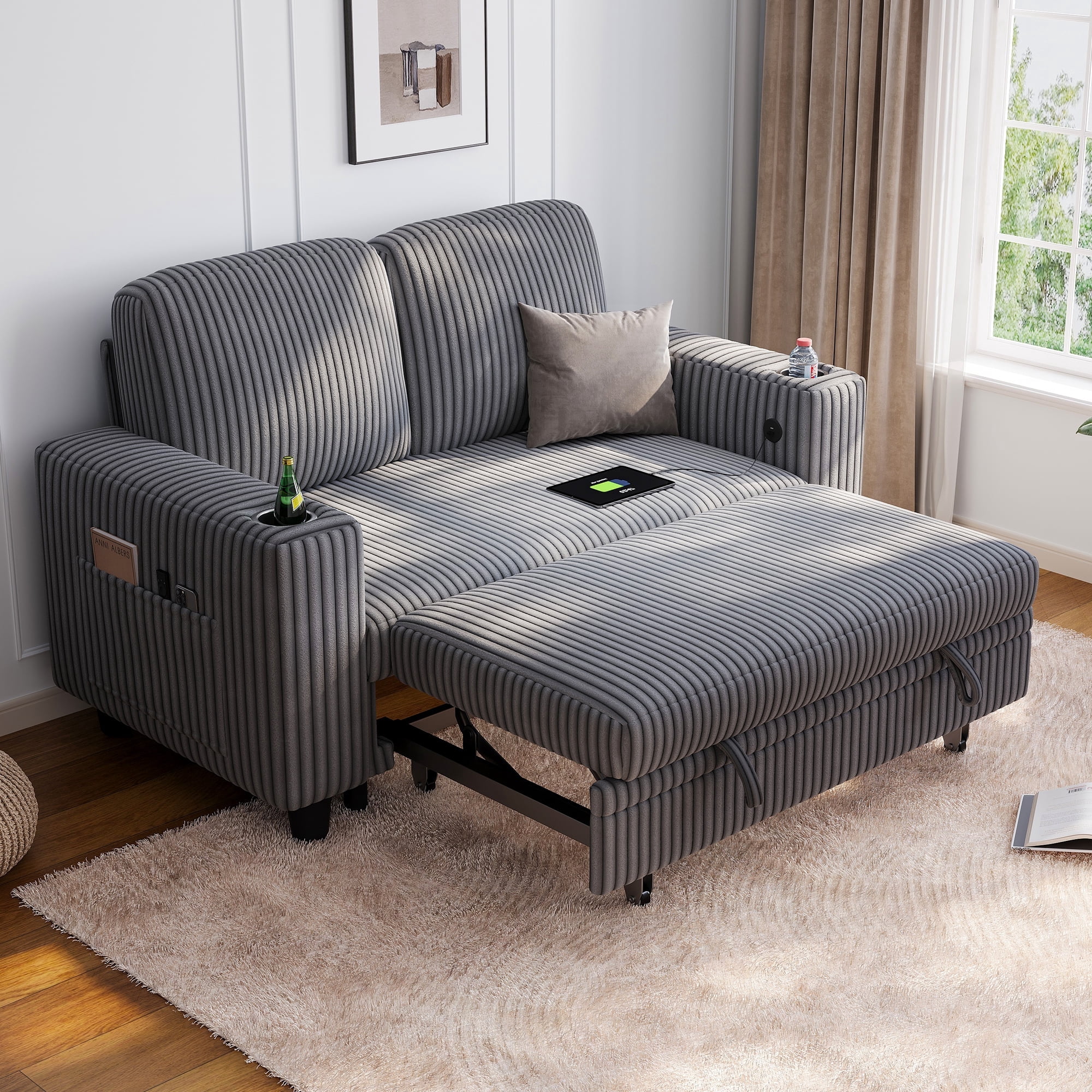 LINSY HOME Pull Out Couch Chaise Lounge for Living Room, Convertible Loveseat Sofa Couch With Usb & Cup Holder, Dark Gray
