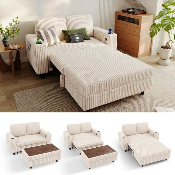 Linsy Home Plush Corduroy Pull Out Couch Chaise Lounge, Convertible Loveseat Sofa Couch with Multifunctional Storage Ottoman, Beige