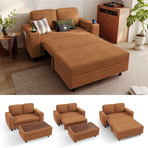 LINSY HOME Pull Out Couch Chaise Lounge, Plush Corduroy Convertible Loveseat Sofa Couch with Storage Ottoman, Brown