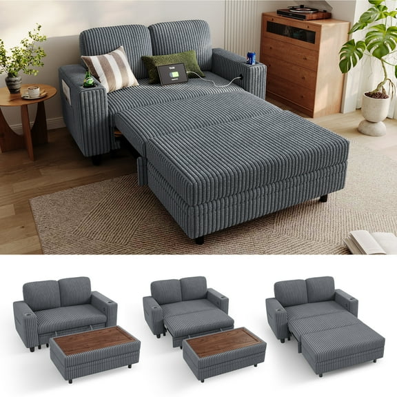 Linsy Home Plush Corduroy Pull Out Couch Chaise Lounge, Convertible Loveseat Sofa Couch with Multifunctional Storage Ottoman, Dark Grey