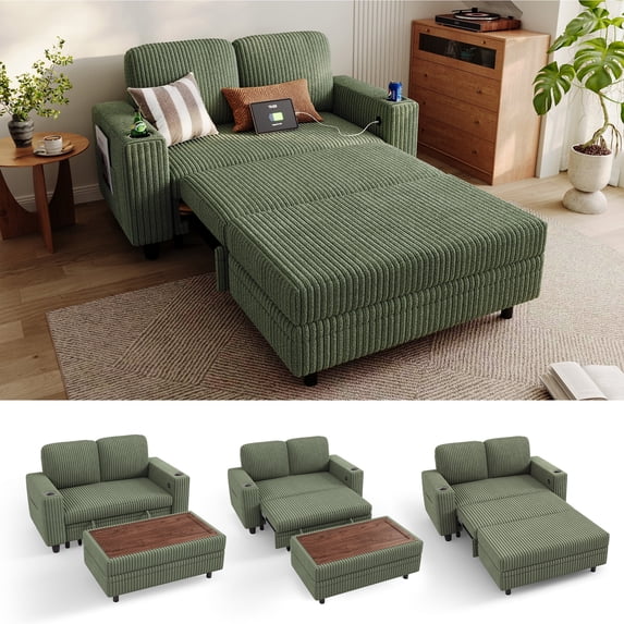 LINSY HOME Pull Out Couch Chaise Lounge, Plush Corduroy Convertible Loveseat Sofa Couch with Storage Ottoman, Dark Green