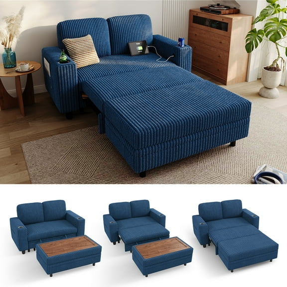 Linsy Home Plush Corduroy Pull Out Couch Chaise Lounge, Convertible Loveseat Sofa Couch with Multifunctional Storage Ottoman, Navy Blue