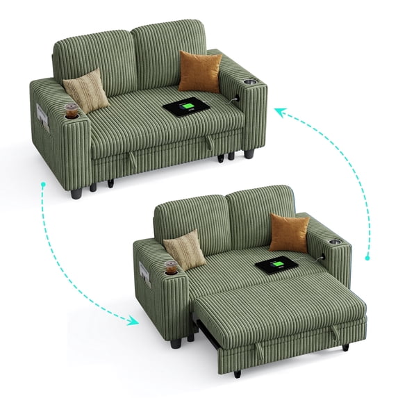 LINSY HOME Pull Out Couch Chaise Lounge for Living Room, Convertible Loveseat Sofa Couch With Usb & Cup Holder, Dark Green