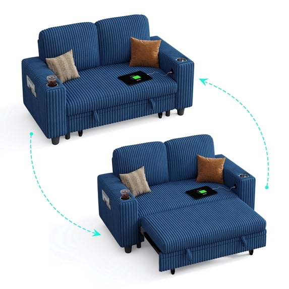 LINSY HOME Pull Out Couch Chaise Lounge for Living Room, Convertible Loveseat Sofa Couch With Usb & Cup Holder, Dark Blue