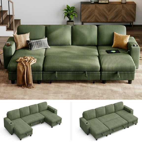 Linsy Home Plush Corduroy Sleeper Sofa Bed with Storage Chaise, Pull Out Couch Bed with USB, Cup Holder, Side Pocket, U Shaped Sectional Couches for Living Room, Apartment, Green