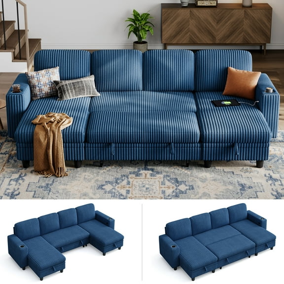 Linsy Home Plush Corduroy Sleeper Sofa Bed with Storage Chaise, Pull Out Couch Bed with USB, Cup Holder, Side Pocket, U Shaped Sectional Couches for Living Room, Apartment, Navy Blue