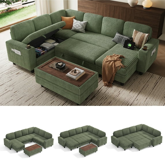 Linsy Home Plush Corduroy Sleeper Sofa Bed with Storage Seat, Pull Out Couch Bed with Multifunctional Storage Ottoman, 7 Seat Sectional Couches for Living Room, Apartment, Green