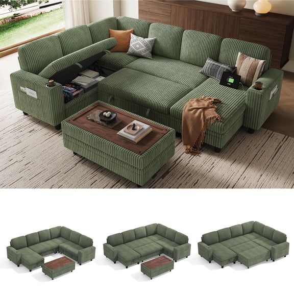 Linsy Home Plush Corduroy Sleeper Sofa Bed with Storage Seat, Pull Out Couch Bed with Multifunctional Storage Ottoman, 7 Seat Sectional Couches for Living Room, Apartment, Green