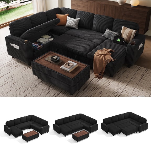 LINSY HOME 6 Seaterss Sectional Couches for Living Room, Sleeper Sofa Bed with Storage Seat, Pull Out Couch Bed with Ottoman, Black