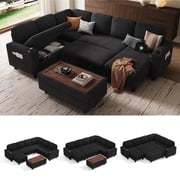 LINSY HOME 6 Seaters Sectional Couches for Living Room, Sleeper Sofa Bed with Storage Seat, Pull Out Couch Bed with Ottoman, Black
