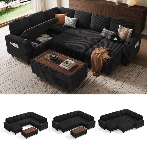 Linsy Home Plush Corduroy Sleeper Sofa Bed with Storage Seat, Pull Out Couch Bed with Multifunctional Storage Ottoman, 7 Seat Sectional Couches for Living Room, Apartment, Black