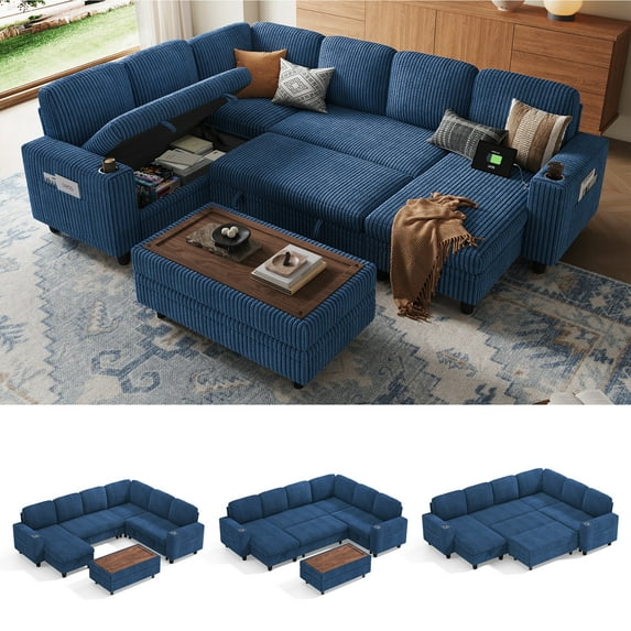 Linsy Home Plush Corduroy Sleeper Sofa Bed with Storage Seat, Pull Out Couch Bed with Multifunctional Storage Ottoman, 7 Seat Sectional Couches for Living Room, Apartment, Navy Blue